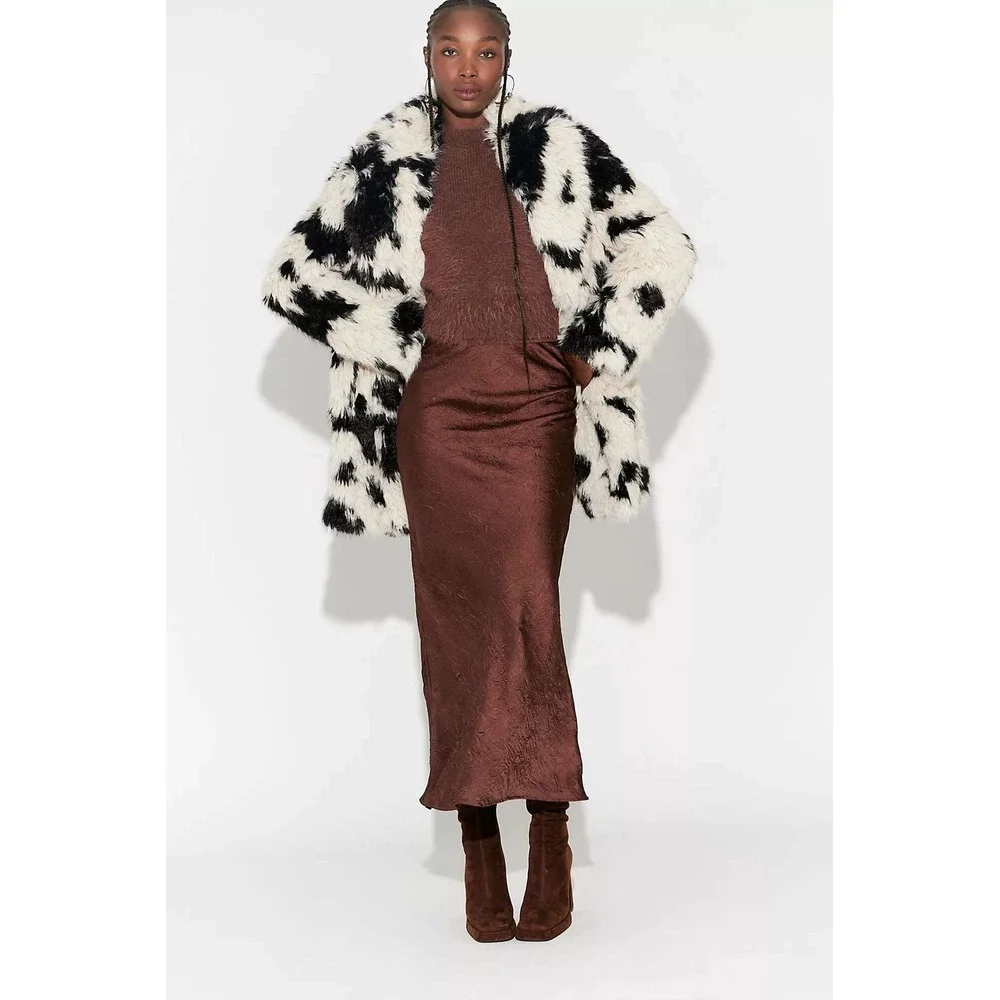 Free People Jade Spotted Faux Fur Coat Black White Jacket Size Small NWT - Picture 4 of 5